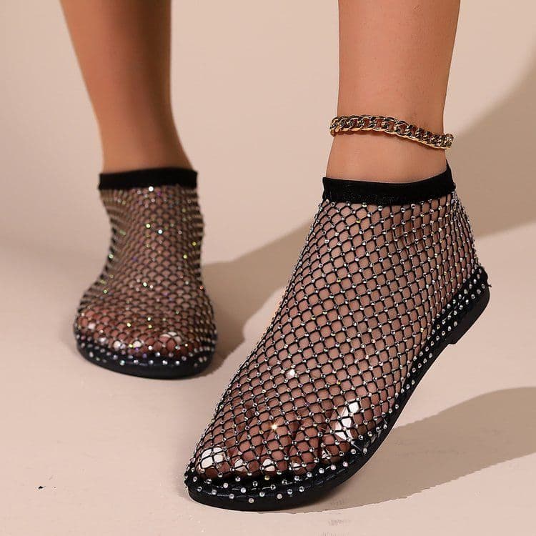 image-Large Size Women's Sandals 2023 Gold Hollow Low Heel Fishnet Flats