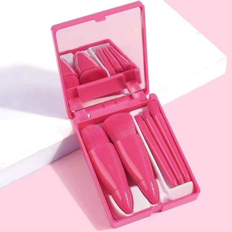 image-Makeup Brush Set 5pcs Pink Heart with Mirror