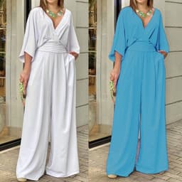 image-Women's V-Neck Jumpsuit - Loose Fit High Waist Polyester