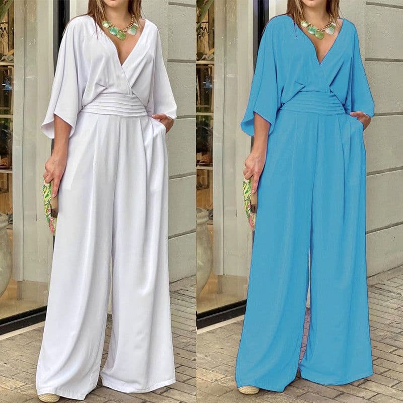 image-Women's V-Neck Jumpsuit - Loose Fit High Waist Polyester