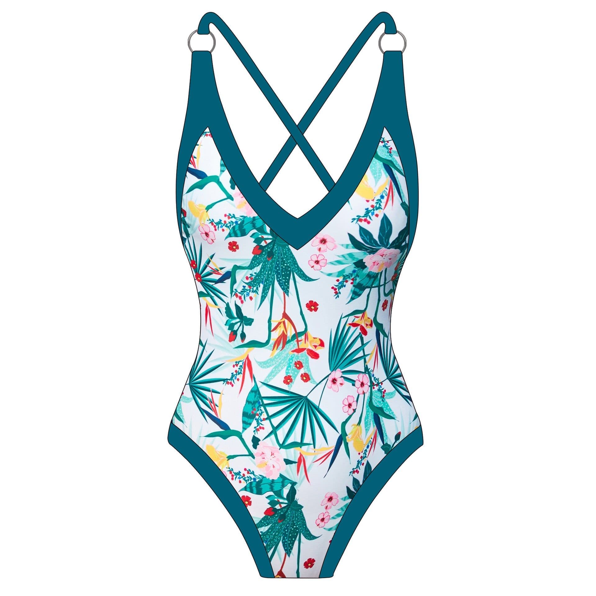 image-Green Flower One-Piece Swimsuit - Women's Polyester
