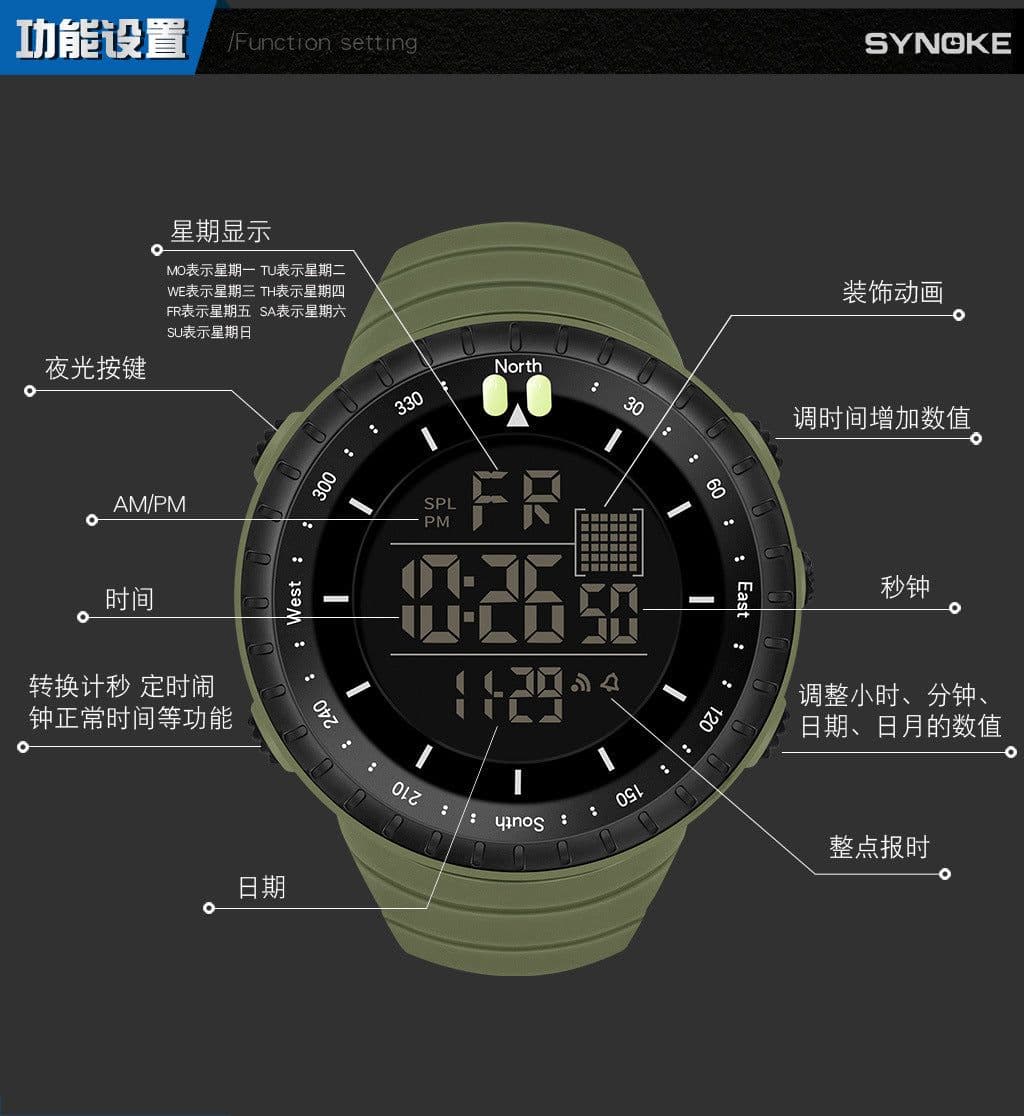 image-Men's Sports Watch - Army Green, 50m Waterproof, Luminous, Large Screen