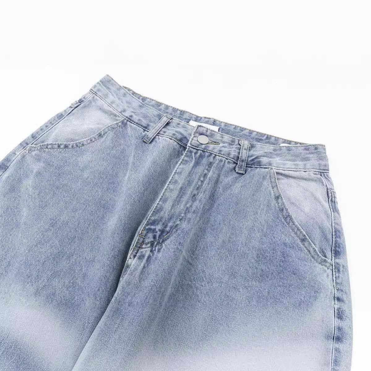 image-National trend street washed distressed cartoon cat letter embroidered jeans unisex fashion brand loose wide-leg trousers