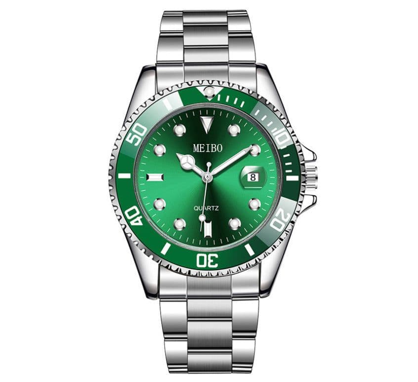 image-Men's Magnifying Glass Calendar Watch - Green Steel Band Casual Watch