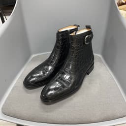 image-Men's Leather Martin Boots - Brown Crocodile