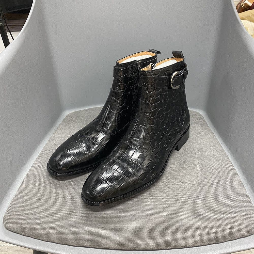 image-Men's Leather Martin Boots - Brown Crocodile