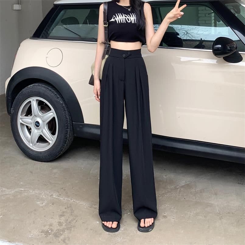 image-Women's High-Waist Wide-Leg Pants - Pink Polyester