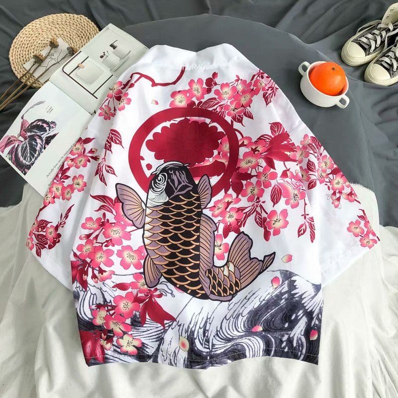image-A generation of Japanese ukiyo-e Taoist robe sea wave carp kimono male and female couple three-quarter sleeve shirt wholesale