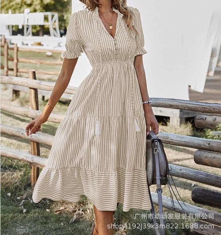 image-European & American Summer Stripe Dress - Khaki V-Neck XL