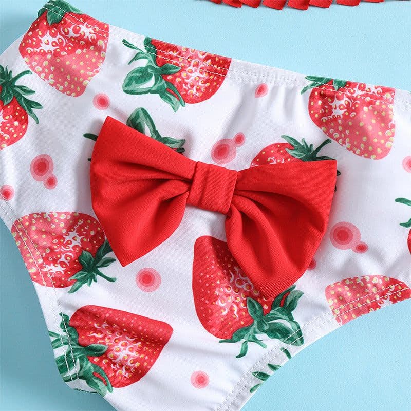 image-Strawberry Print Girl Swimsuit Red Tassel 3-Piece