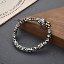image-Sterling Silver Pixiu Bracelet for Men, Hand-Woven, 925 Silver, 22cm