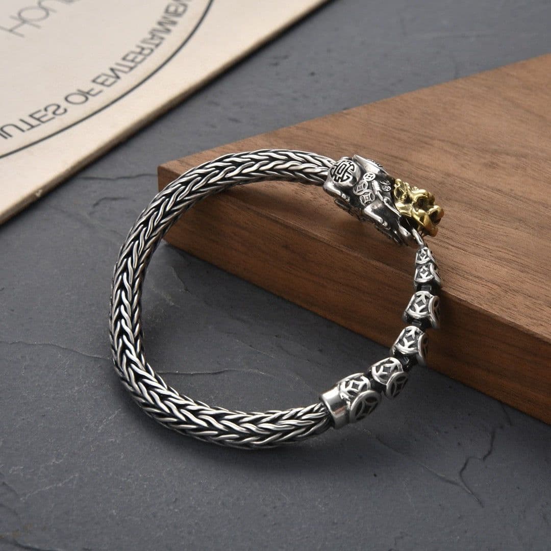 image-Sterling Silver Pixiu Bracelet for Men, Hand-Woven, 925 Silver, 22cm
