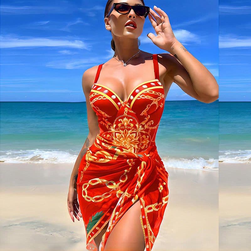 image-2023 European and American new one-piece swimsuit female sexy beautiful back printed bikini cover-up two-piece foreign trade bikini