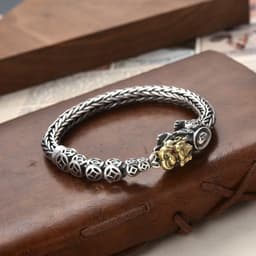 image-Sterling Silver Pixiu Bracelet for Men, Hand-Woven, 925 Silver, 22cm