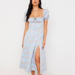 image-Women's Floral Midi Dress - Puff Sleeves Lace-Up