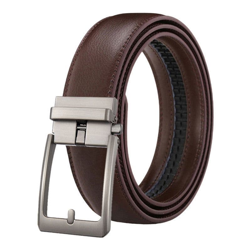 image-Men's Genuine Leather Plaid Snap Belt - Grey, 130cm Automatic Buckle