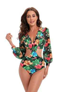 image-2022 new European and American sexy backless long-sleeved bikini one-piece high waist tie swimsuit female bikini