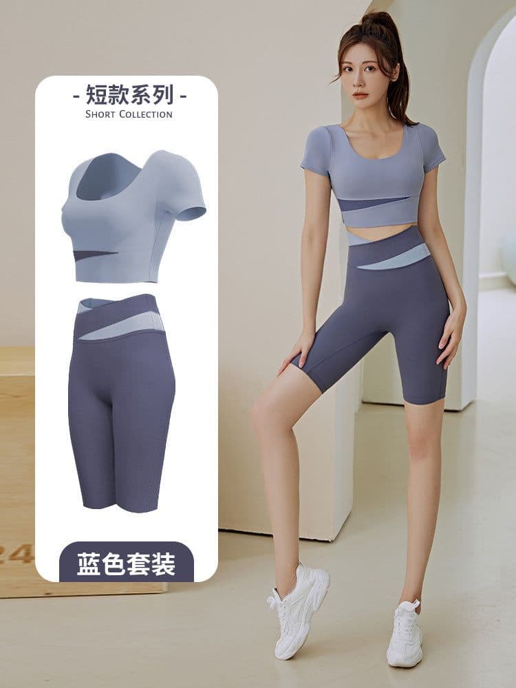 image-Summer new one-piece fixed chest pad sports top yoga pants suit fitness short-sleeved beauty back two-piece set for women