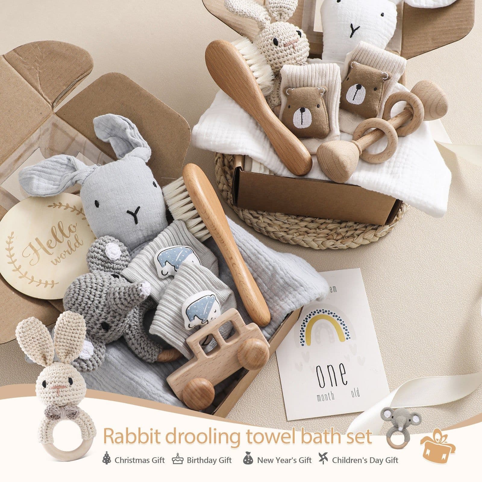 image-Newborn Infant Bath Towel Rattle Gift Set - Wooden Crochet Rattle