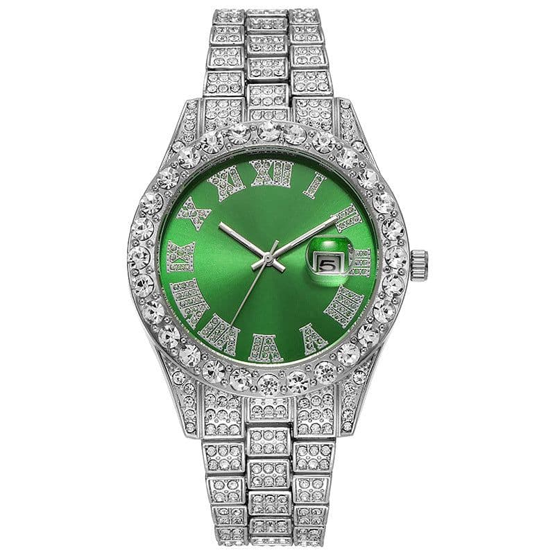 image-Hiphop watch European and American hot style men's steel belt hip-hop Roman scale diamond calendar men's quartz watch