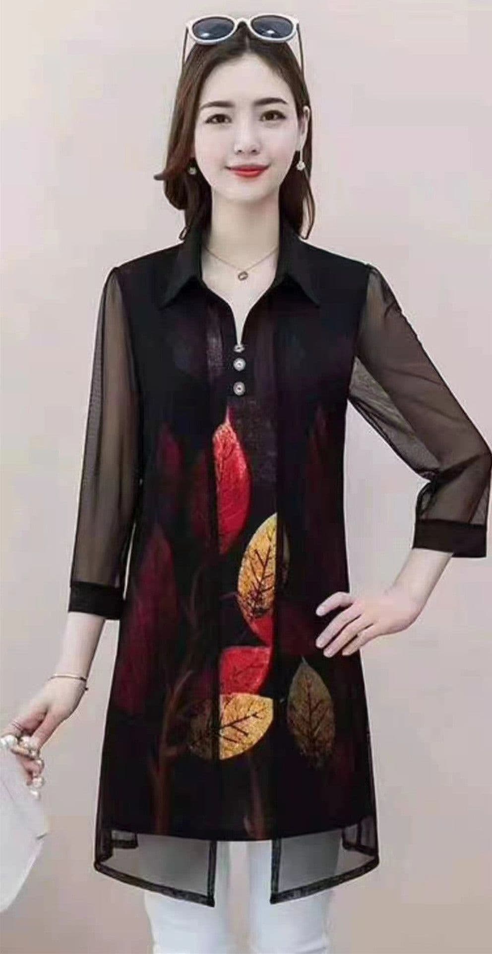 image-Fat mm plus size women's summer clothes suitable for fat people's fake two-piece lapel plus fat and wide wife's jacket to cover arms