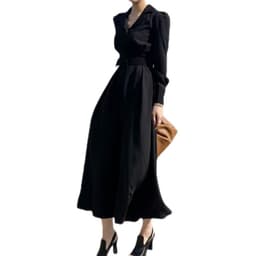 image-Women's High-Waisted Chic Autumn Dress with Belt, Black, L
