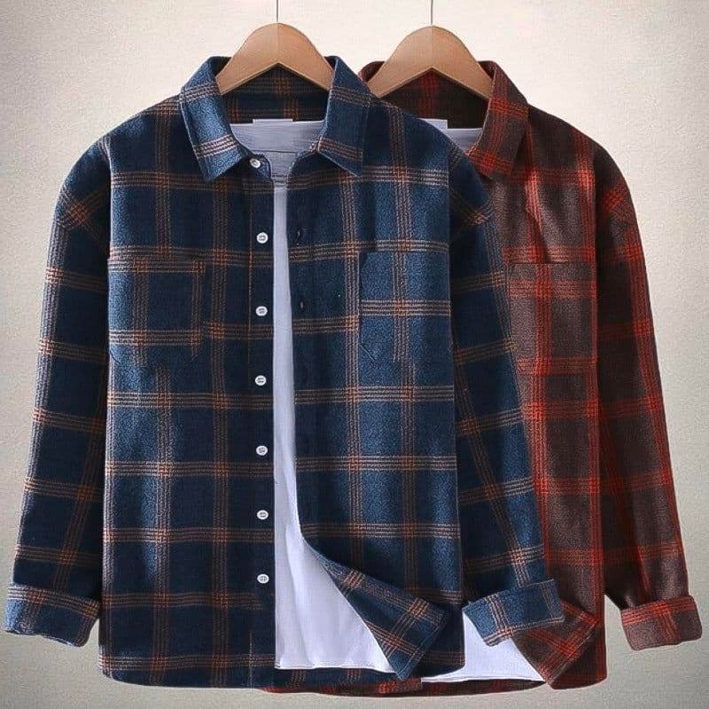 image-Men's Plaid Shirt Long Sleeve - Red-Brown XXXL