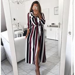 image-Striped Long-Sleeve Strappy Dress