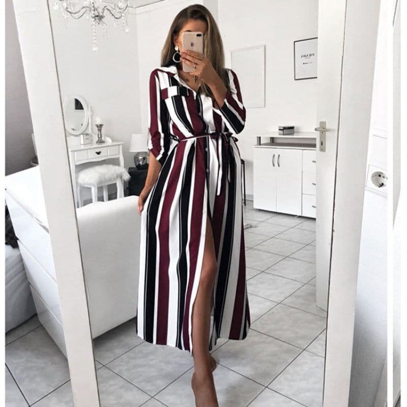 image-Striped Long-Sleeve Strappy Dress