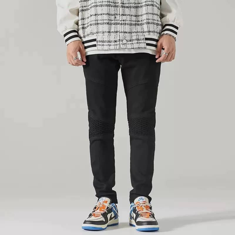 image-Foreign trade fashion trend high street new slim fit small straight black washed personality stitching motorcycle men's jeans