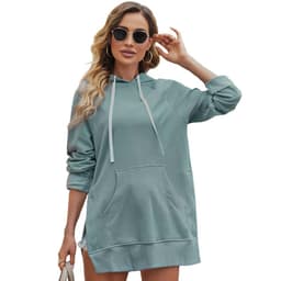 image-Women's Hooded Sweatshirt - Solid Color Mid-Length Loose Fit