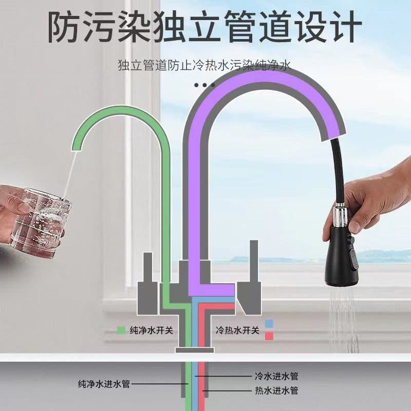 image-Bathing Water Spring Copper Kitchen Faucet - Black, 3-in-1 Rotating Telescopic Purifier