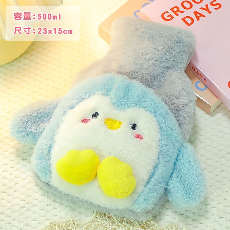 image-Water-filled Hot Water Bottle - Gray Plush 1000ML Thickened Hand Warmer Bag