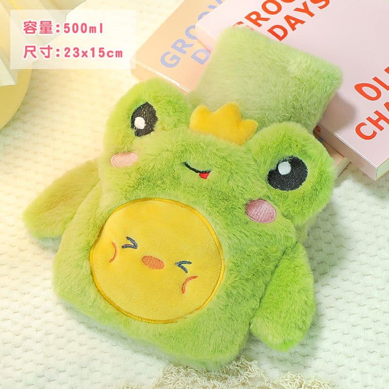 image-Water-filled Hot Water Bottle - Gray Plush 1000ML Thickened Hand Warmer Bag