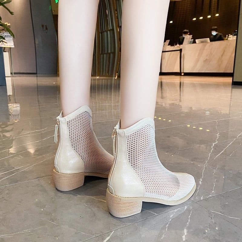 image-Shanli Dadi 2023 Mid-Calf PU Mesh Boots - Off White, High Heels
