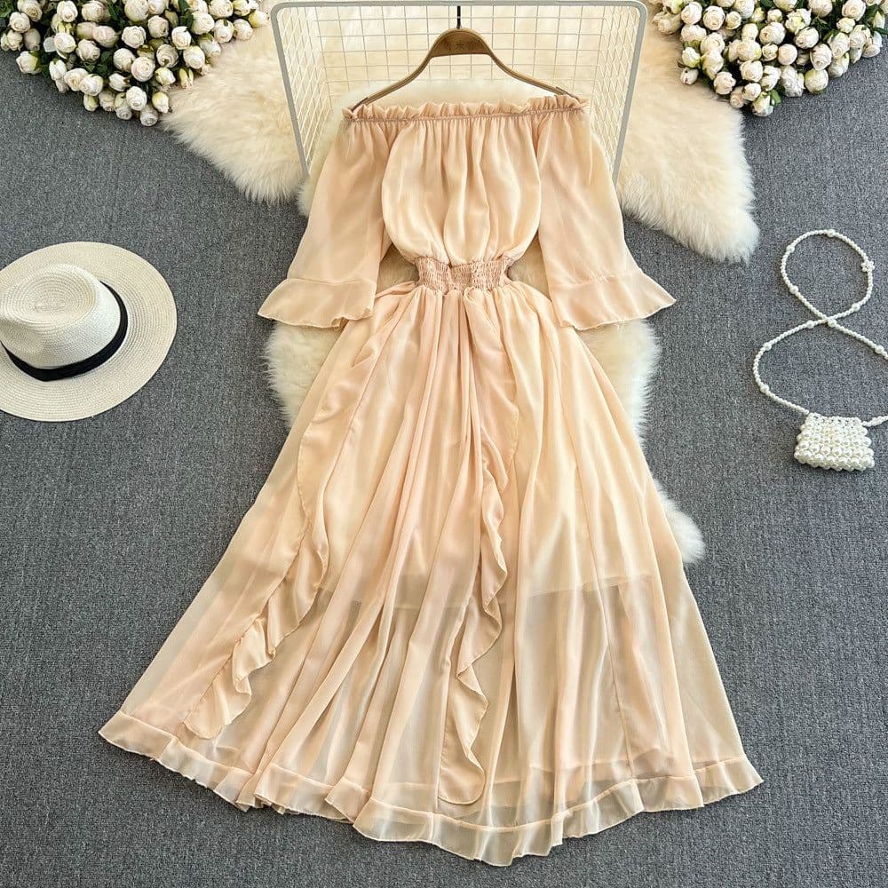 image-Seaside vacation beach skirt super fairy forest one-shoulder off-shoulder ruffled chiffon dress commuting big five points