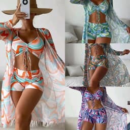 image-2023 New European and American foreign trade bikini swimsuit for women split three-piece drawstring high waist long-sleeved cover-up swimsuit