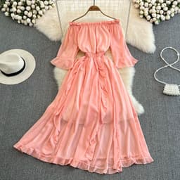 image-Seaside Skirt - Navy Ruffled Chiffon Dress, Commuting, One Shoulder, Midi