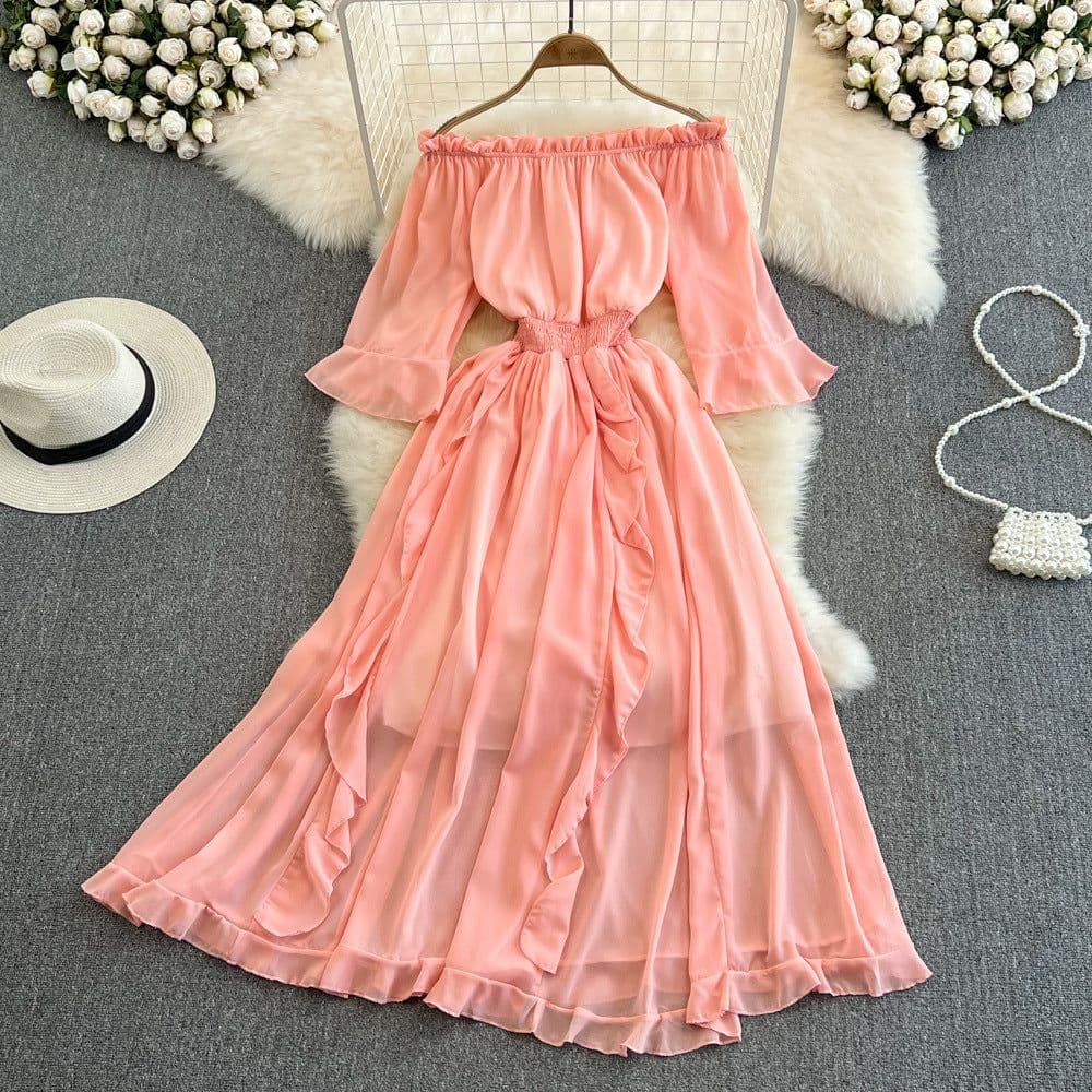 image-Seaside vacation beach skirt super fairy forest one-shoulder off-shoulder ruffled chiffon dress commuting big five points
