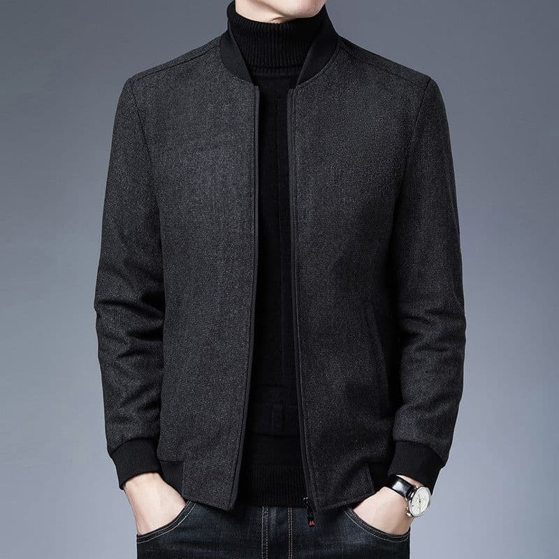image-Navy Blue Slim Jacket Stand Collar Men's Raglan Sleeves