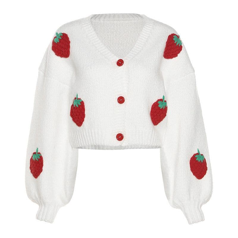 image-European and American style 2021 autumn and winter new women's fashion design single-breasted V-neck knitted cardigan strawberry long-sleeved sweater