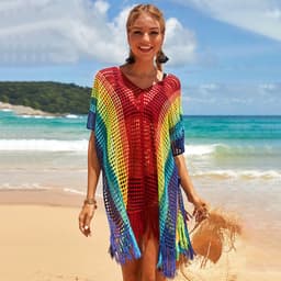 image-Women's Rainbow Hollow Bikini Blouse - Beach Cover Up