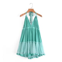 image-Foreign Trade 2022 Summer New European and American V-neck Waist Slim Hem Mesh Stitching Backless Suspender Dress Women