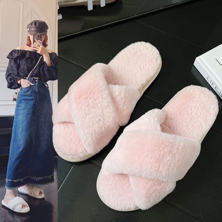 image-Women's Fur Slippers - Black Plush Open Toe
