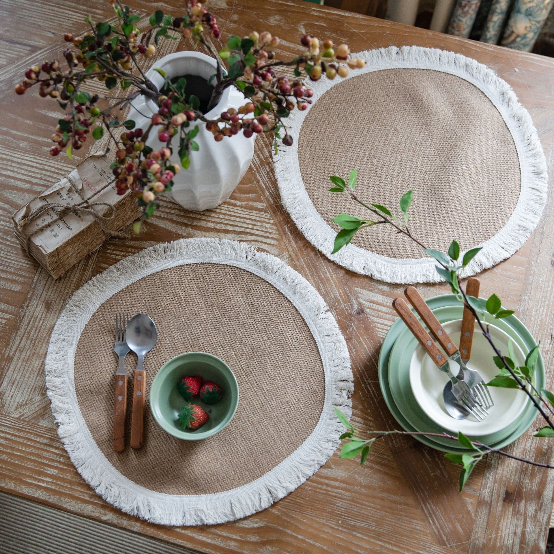 image-Yimanqiyun hemp rope placemat red tassel tableware mat woven color matching festival tassel bowl mat factory direct supply