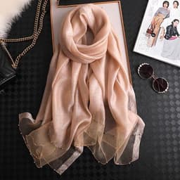 image-Silk Scarf Women 70x190cm Beaded Gold Edge Summer Beach