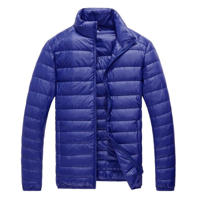 image-Men's Down Jacket - Light Grey Stand Collar Hooded