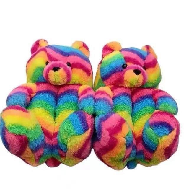image-Cartoon Bear Plush Slippers - Large, South Korean Velvet, Dark Teddy Bear Shoes