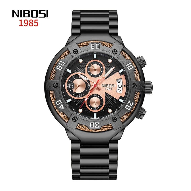 image-NIBOSI Men's Watch 46mm Quartz Black Gold