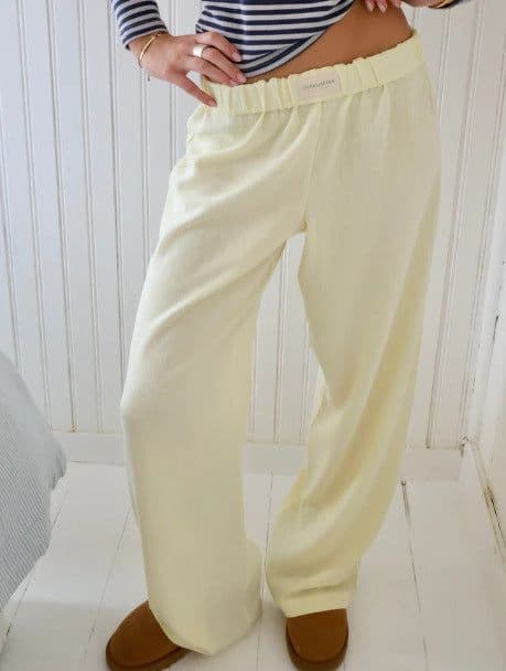 image-Women's Cotton Wide Leg Trousers - Sky Blue Elastic Waist